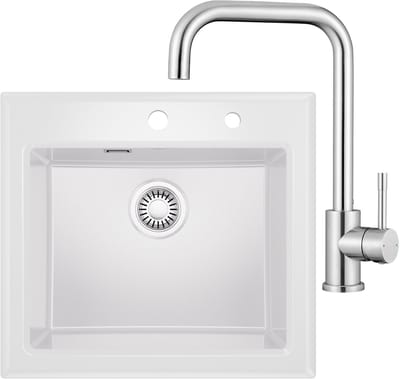 CECIPA Max Spoelbak Wit 55x50CM - Keramische Spoelbakken Keuken - Enkele Spoelbak Met Keukenkraan - Spoelbakken Incl. Sifon en Afvoerzeefje