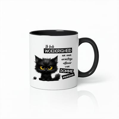 Witte & Zwarte Mok 330ml – Grappige Kattenquote “Ik Heb Woedergheid En Een Ernstige Afkeer Van Domme Mensen” Koffiebeker