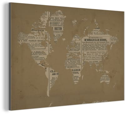 Aluminium schilderij 150x100 cm - Wanddecoratie metaal - Wereldkaart - Vintage - Krantenpapier - Metalen muurdecoratie woonkamer - Decoratie industrieel - Foto op dibond - Industriële accessoires slaapkamer