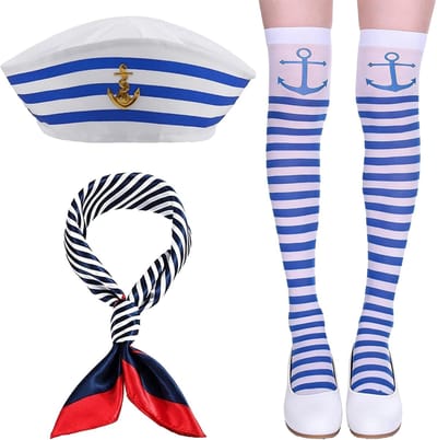 Maritiem Kostuum Set met Matrozenhoed, Blauw-Witte Gestreepte Kousen en Zijden Sjaal, Perfect voor Verkleedpartijen en Nautische Thema's