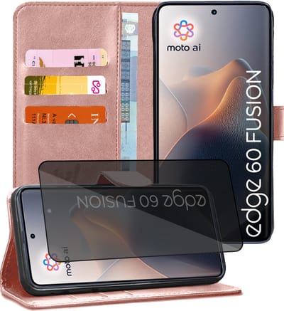 Hoesje geschikt voor Motorola Moto Edge 60 / Edge 60 Fusion - Privacy Screenprotector Volledig Dekkend Glas - Portemonnee Book Case Rosegoud