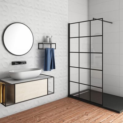 Douchewand-Inloopdouche 120x200cm met mat Zwart kader en raster 8mm NANO EasyClean veiligheidsglas mat zwart profiel Stabilisatiestang 70-120 cm
