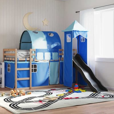 vidaXL - Stapelbed - met - glijbaan - en - gordijnen - blauw - 80x200 - cm