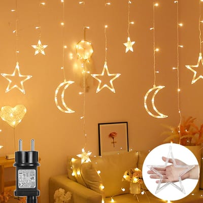 MUPOO Sterrengordijn Met Maan - Kerstverlichting Voor binnen en buiten - 3,5 meter - Multicolour Kerstlampjes - 123 LED - met 8 standen - timer - Kerstdecoratie