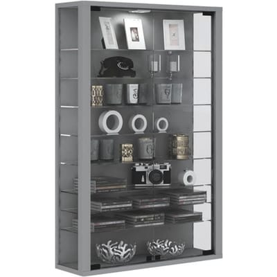 Vitrosa Mini wandkast, met LED verlichting, 8 legplanken, 2 draaideuren, B 590 x D 180 x H 910 mm, glas & hout, zilver