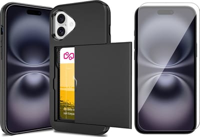 Hoesje met Pasjeshouder geschikt voor iPhone 16 - Screen Protector GlassGuard - Back Cover SlideCase Zwart & Screenprotector