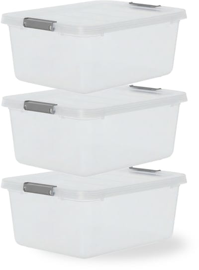 IRIS Storage Opbergbox met Clips - 12.5L - Stapelbaar - Kunststof - Transparant/Grijs - Set van 3
