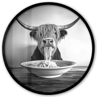 Poster in lijst Rond - Fotolijst 40x40 cm - Posters - Schotse Hooglander - Spaghetti - Dieren - Zwart wit - Ronde posterlijst zwart - Decoratie - Wanddecoratie woonkamer - Muurdecoratie slaapkamer
