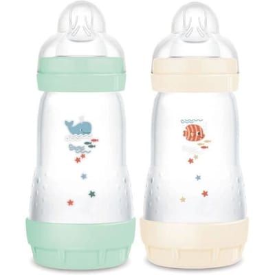 Lot de 2 Biberons - MAM - Easy Start - Anti-colique Classique - 260 ml - Tétine débit 2 - Menthe + Coton