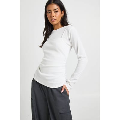 boohoo Dames Vest Dubbele Laag Lange Mouw Top | White | Maat: 6