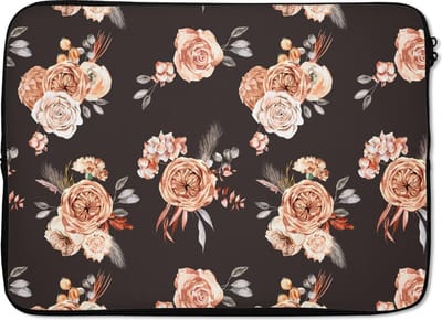Laptophoes 13 inch - Bloemen - Zwart - Patroon - Laptop sleeve - Binnenmaat 32x22,5 cm - Zwarte achterkant