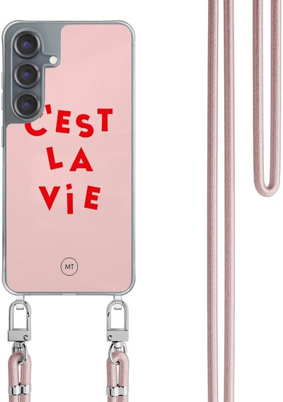 Hoesje met koord geschikt voor Samsung Galaxy S25 - C'est la vie - Inclusief Rosegoud koord - Crossbody beschermhoes - Transparant, Roze - Mooie Telefoonhoesjes