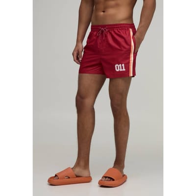 Side Stripe Panelled Applique Short Length Swim Short | Red | Size XS