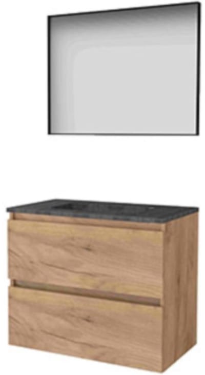 Basic-Line Framed 46 Badkamermeubelset - 80 x 46 cm - Greeploos - 2 Lades - Hardstenen Wastafel - Zonder Kraangat - Spiegel met Zwart Aluminium Frame - Whisky Oak
