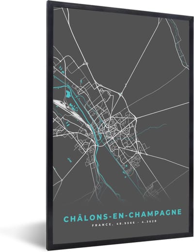 Fotolijst incl. Poster - Frankrijk - Châlons-en-Champagne - Stadskaart - Plattegrond - Kaart - 40x60 cm - Posterlijst