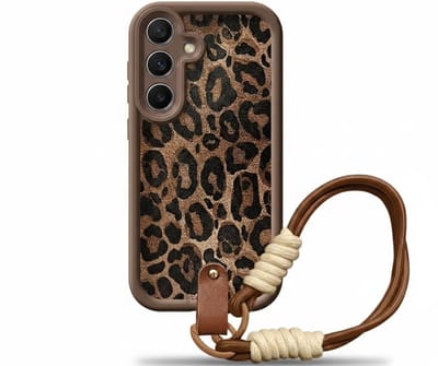 Bruin luipaard print telefoon hoesje met koord geschikt voor Samsung S25 hoesje – backcover dames met panter dessin, afneembaar draagkoord en minimalistisch ontwerp