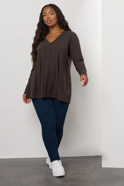 Yours Chocoladebruine Geribbelde Henley Top Size 42