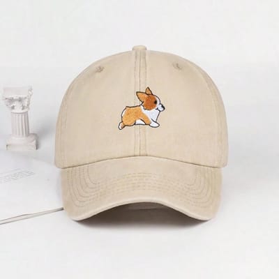 Schattige corgi geborduurde honkbalpet voor mannen en vrouwen outdoor reizen wandelen zonbescherming hoed vrije tijd (Khaki,Adjustable) beige