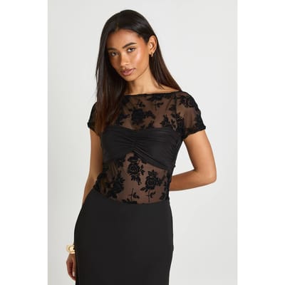 boohoo Dames Gebloemde Bodysuit Met Flocked Mesh En Gedraaid Voorpand En Korte Mouwen | Zwart | Maat: 38