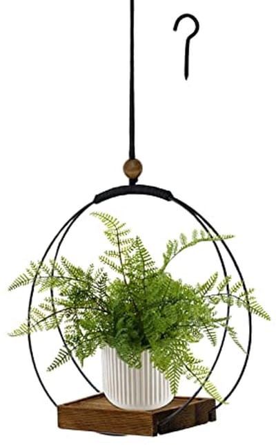 Hanging Planten voor Binnen - Zwarte Macrame Plant Hanger met Stevige Houten Basis