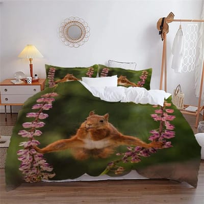 3D Eekhoorn Koning Koningin Dekbedovertrek Mooie Dieren Beddengoed Set voor Kinderen Tieners Volwassenen Wilde Dieren Groene Bladeren Zacht 2/3-delig Dekbedovertrek 260X240cm 3pcs