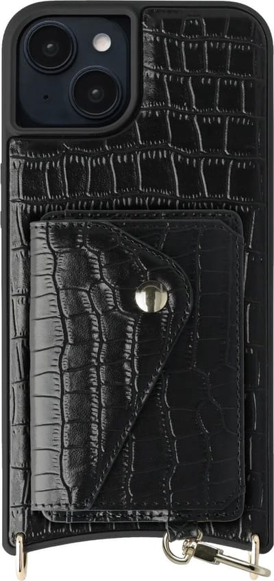 AVY Leren Hoesje Geschikt voor Apple iPhone 15 | Met Magnetische Kaarthouder | Compatibel met MagSafe | Leather Case met Wallet | Croco Zwart
