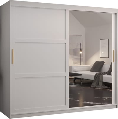 Zweefdeurkast met spiegel Kledingkast met 2 schuifdeuren Garderobekast slaapkamerkast Kledingstang met planken (LxHxP): 200x200x60 cm - Rumble II (Wit, 200)