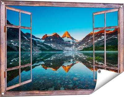 Gards Tuinposter Doorkijk Berg Assiniboine bij het Meer in Canada - 90x60 cm - Tuindoek - Tuindecoratie - Wanddecoratie buiten - Tuinschilderij