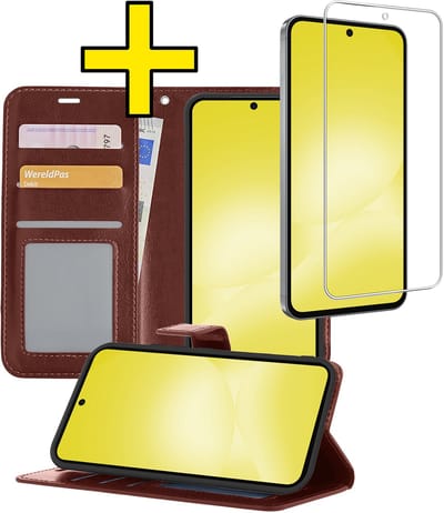 Hoesje - Met Screenprotector - Geschikt voor Samsung Galaxy A56 - Luxe Pasjeshouder - Bookcase Portemonee - Flip Case - Kunstleer Book Case - Flipcase - Book Cover - Walletcase - Portemonneehoes - Telefoonhoesjes - Bruin