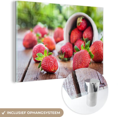 ® Glasschilderij 180x120 cm - Schilderij acrylglas - Aardbei - Mok - Tafel - Foto op glas - Muurdecoratie woonkamer - Wanddecoratie slaapkamer - Schilderijen