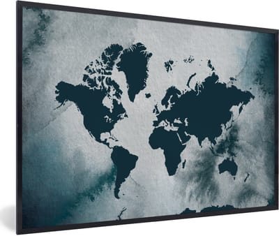 Poster in lijst - Fotolijst 90x60 cm - Posters - Wereldkaart - Kleur - Waterverf - Posterlijst zwart - Decoratie - Wanddecoratie woonkamer - Muurdecoratie slaapkamer