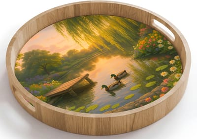Dienblad rond 40x40 cm - Schootdienblad hout - Eenden - Vijver - Bloemen - Borrelplank rechthoek - Plateau houten dienbladen