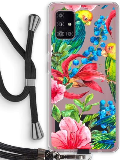 Case Company® - Hoesje met koord geschikt voor Samsung Galaxy A51 5G hoesje met Koord - Papegaaien - Telefoonhoesje met Zwart Koord - Bescherming aan alle Kanten en Over de Schermrand