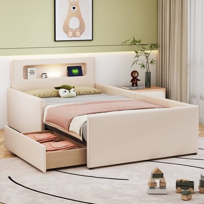 Gestoffeerd kinderbed met nachtlampje en USB - Veilige peuter- en tienerkamer 90x200 cm - Beige - Verhoogde zijpanelen - Opberglades - Inclusief lattenbodem