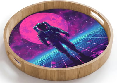 Dienblad rond 40x40 cm - Schootdienblad hout - Astronaut - Maan - Roze - Sterrennevels - Borrelplank rechthoek - Plateau houten dienbladen