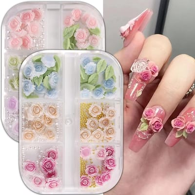 Daity Set van 2 bloemen nagelaccessoires - 6 vakjes 3D rozen nagelstickers - platte gekleurde rozen- en camelia nagelaccessoires van hars - nageldecoraties voor dames - knutselspullen voor Valentijnsdag - bruiloft of feestje (roze)
