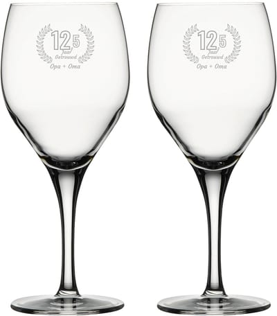 Gegraveerde set rode wijnglazen 42,5cl Opa + Oma 12,5 jaar getrouwd