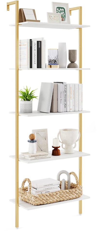 COSTWAY 5-traps ladderrek, wandgemonteerde boekenkast met metalen frame en verstelbare voetkussens, opbergrek, plantenstandaard voor werkkamer, woonkamer, 64 × 30 × 178 cm