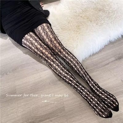 Dames Esthetische Hoge Taille Visnet Panty's Dames Rekbare Kousen Uitgesneden Textuur Kantpatroon Doorzichtig Mesh Panty Kousen Fit 40-65kg gray