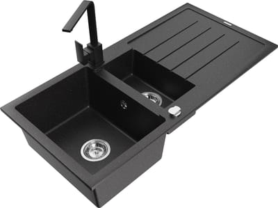 Mexen Andres granieten spoelbak 1,5-komor met afdruiprek en keukenkraan Rita, zwart/zilver metallic - 6515-73-670300-70