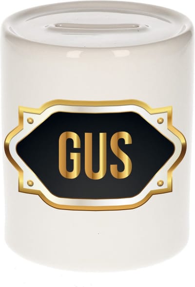 Spaarpot met voornaam Gus - wit - met goud/zwart embleem - 8 x 9 cm - keramiek - met afsluitdop - cadeau verjaardag