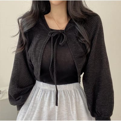 Witte Gebreide Cardigan Dames Dunne Zonnebrand Kant-Up Gebreide Tops Vrouwelijk Koreaanse Stijl Lantaarnmouw Kort Jasje S zwart