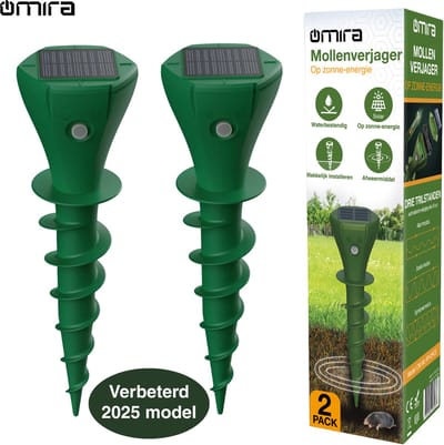Omira Mollenverjager op Zonne Energie – 2 Stuks – IP65 Waterdicht – Mollenbestrijding – Vaderdag Cadeau - Diervriendelijke Methode - Ongedierte verjager – Mollen Verjager – Vervanger voor Mollengranulaat – Mollenverjager op Batterijen en Solar