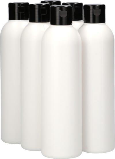 6 x 250 ml ronde fles HDPE wit + klepdop zwart- BPA Vrij - Niet Breekbaar - Plastic Flesjes Navulbaar - Met Dop - Lege Flessen - 6 stuks