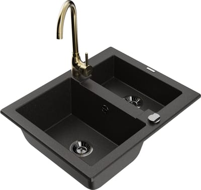 Mexen Carlos granieten spoelbak 1,5-kamer met Telma keukenkraan, zwart/goud metallic - 6518-75-670200-50-B