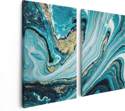 Artaza Canvas Schilderij Tweeluik Abstracte Luxe Kunst in het Blauw met Goud - 80x60 cm - Wanddecoratie Woonkamer - Schilderijen - Muurdecoratie