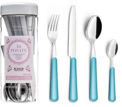 EME Brio Bestekset voor 4 personen, 16-delig, Roestvrij staal met gekleurd handvat, Turquoise 68, Tube Box