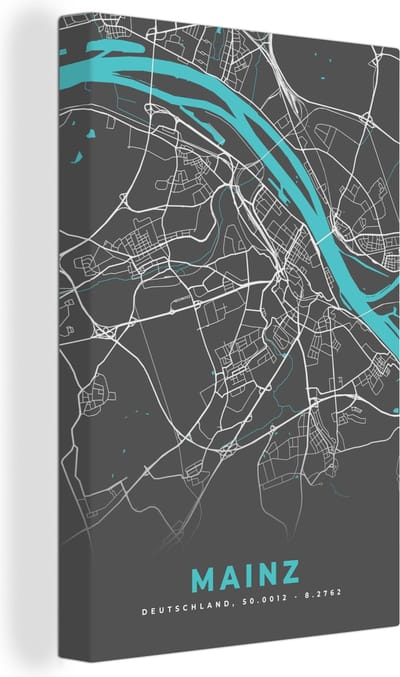 Canvas Schilderij Stadskaart – Kaart – Mainz – Blauw – Duitsland – Plattegrond - 20x30 cm - Wanddecoratie