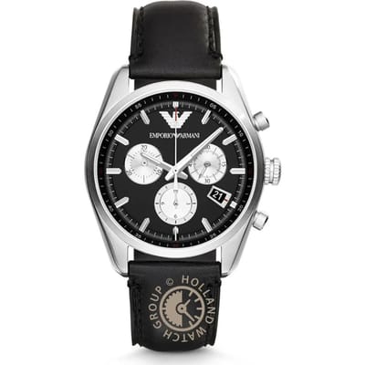 Emporio Armani Nieuwe Tazio Medium Zwart Leer Zwart Heren Kwarts Chronograaf AR6009