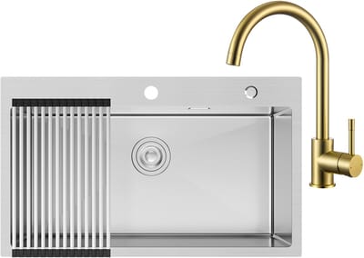 CECIPA max Spoelbak 75x45CM - Spoelbak Keuken Met Goud Keukenkraan - Enkele spoelbakken - Spoelbakken Keuken – Spoelbakken met afdruip - RVS